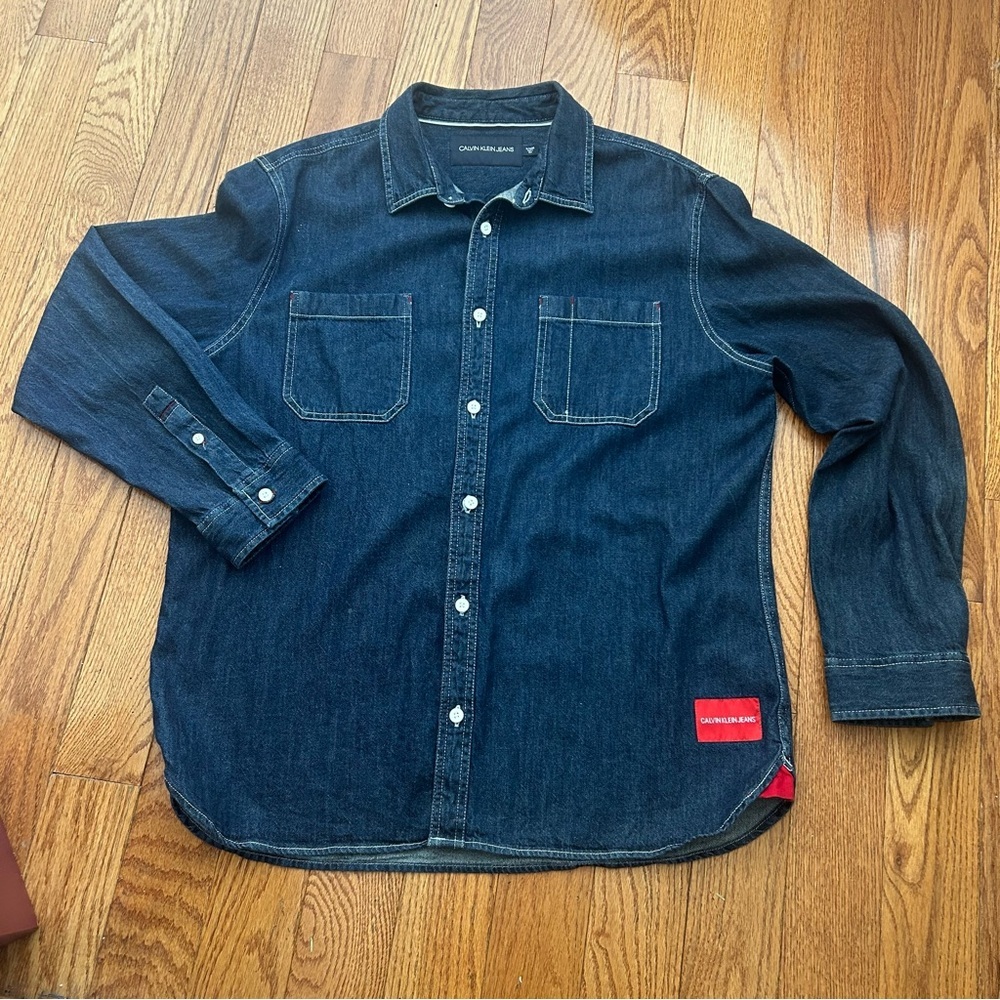 CALVIN KLEIN JEANS Womens XL Blue Denim Jean HW Shirt Button Up LS Western EUC